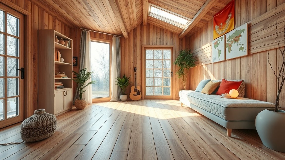 Fényes, fából készült nappali padlófűtéssel és kényelmes bútorokkal.