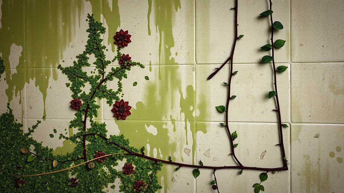 Penészes falak és növények, amelyek egészségügyi veszélyeket jeleznek.