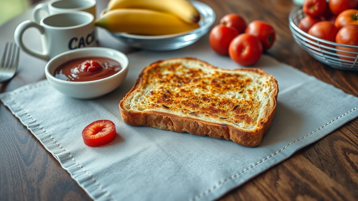 Pirítós kenyér friss zöldségekkel és szószokkal reggelire.