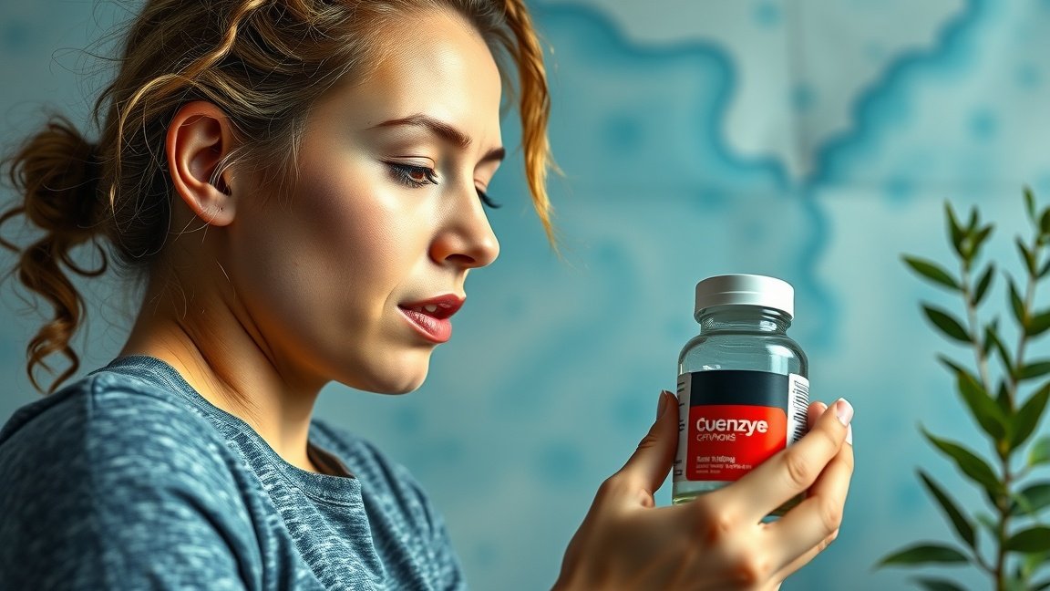 Nő Q10 koenzim tartalmú étrend-kiegészítőt vizsgál, energiaszint növelésére.