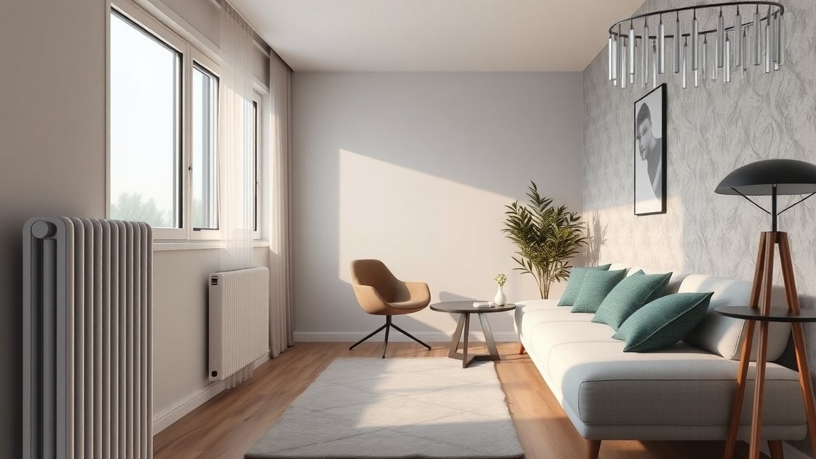Modern nappali radiátorral és világítással