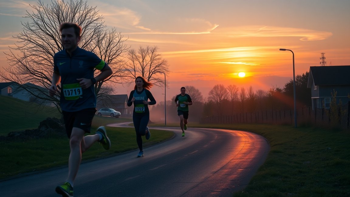 Reggeli futás a napkelte fényében, energikus sportolók az úton.