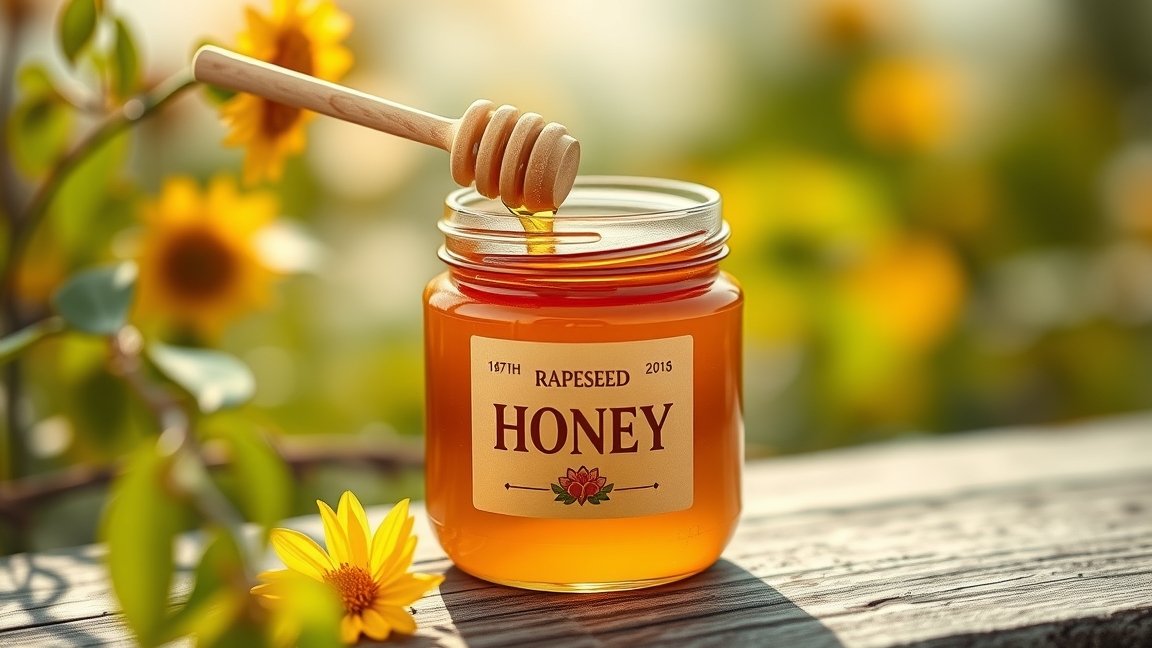 Repce méz üvegben, kanállal a természetben, napraforgók között