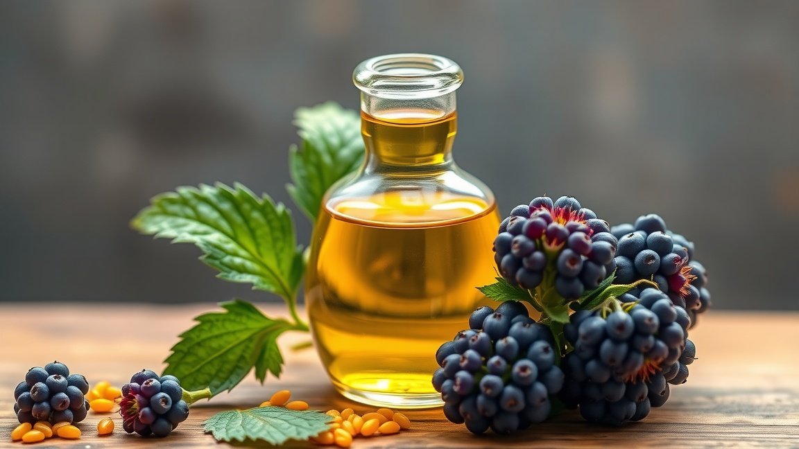 Repceolaj üveg palack kék bogyókkal és levelekkel