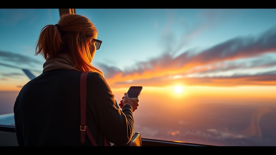 Nő a repülőgép ablakánál naplementében, telefonját böngészi