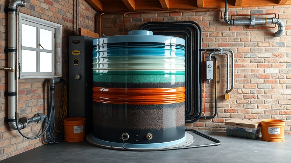 Rétegtöltésű melegvíztároló a házban, energiatakarékos megoldás.