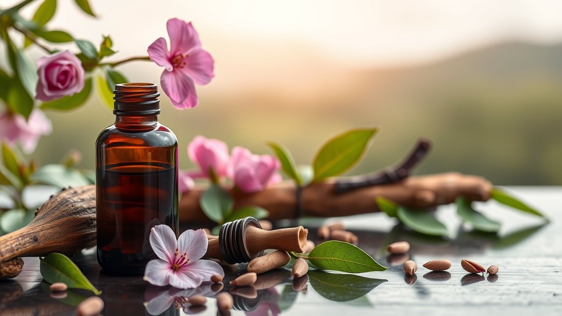 Rózsafaolaj üveg, rózsák és levelek környezetében