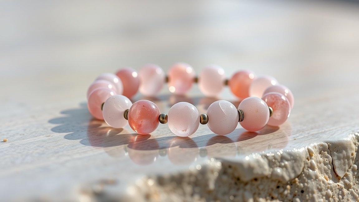 Rózsakvarc karkötő fénnyel megvilágítva.