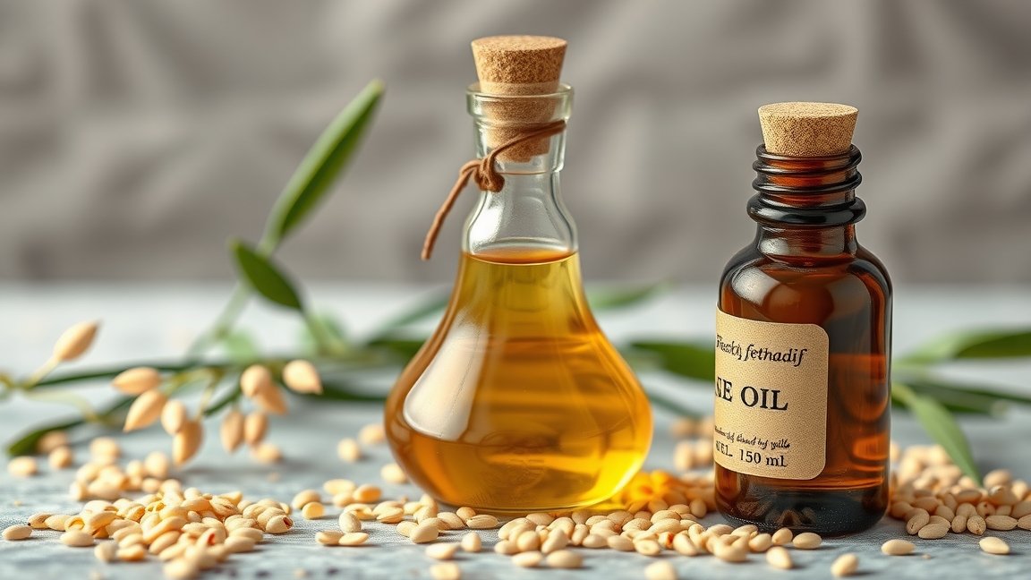 Szezámmagolaj palackok szezámmaggal, bőrápolás és hajápolás jótékony hatásaihoz.