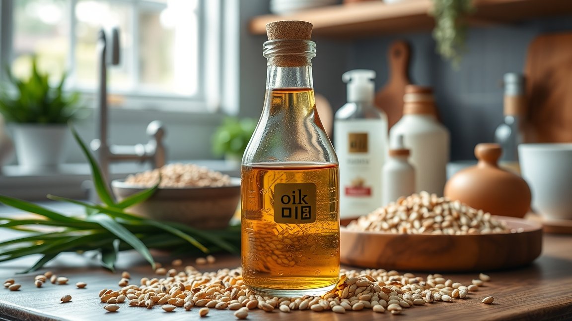 Szezámolaj üveg palack és szezámmagok konyhában