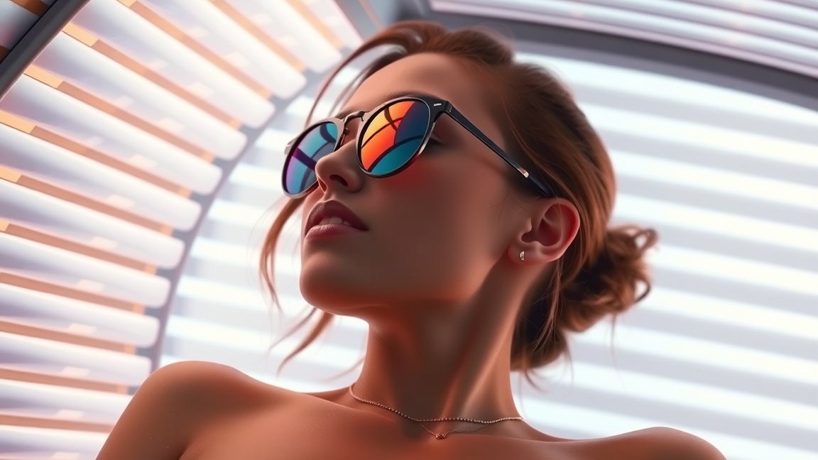 Fiatal nő napozik szoláriumban védőszemüvegben