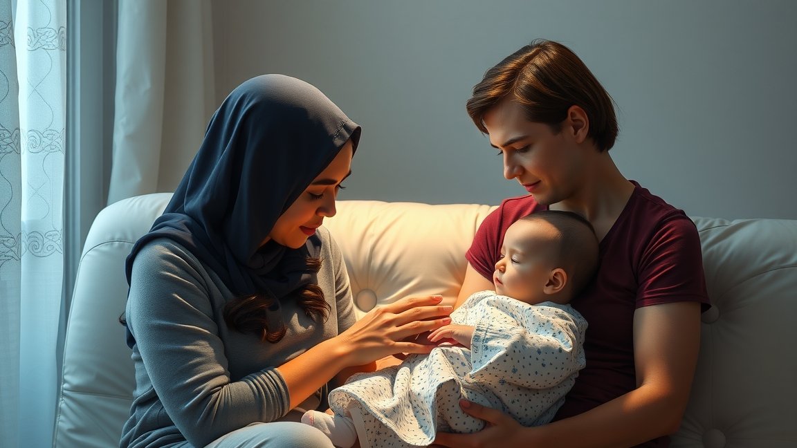 Család együtt a babával, szülés utáni depresszió tüneteinek kezelése.