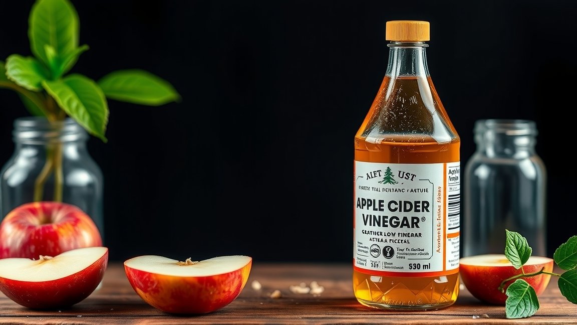 Szüretlen almaecet palack friss almával és gyógynövénnyel.