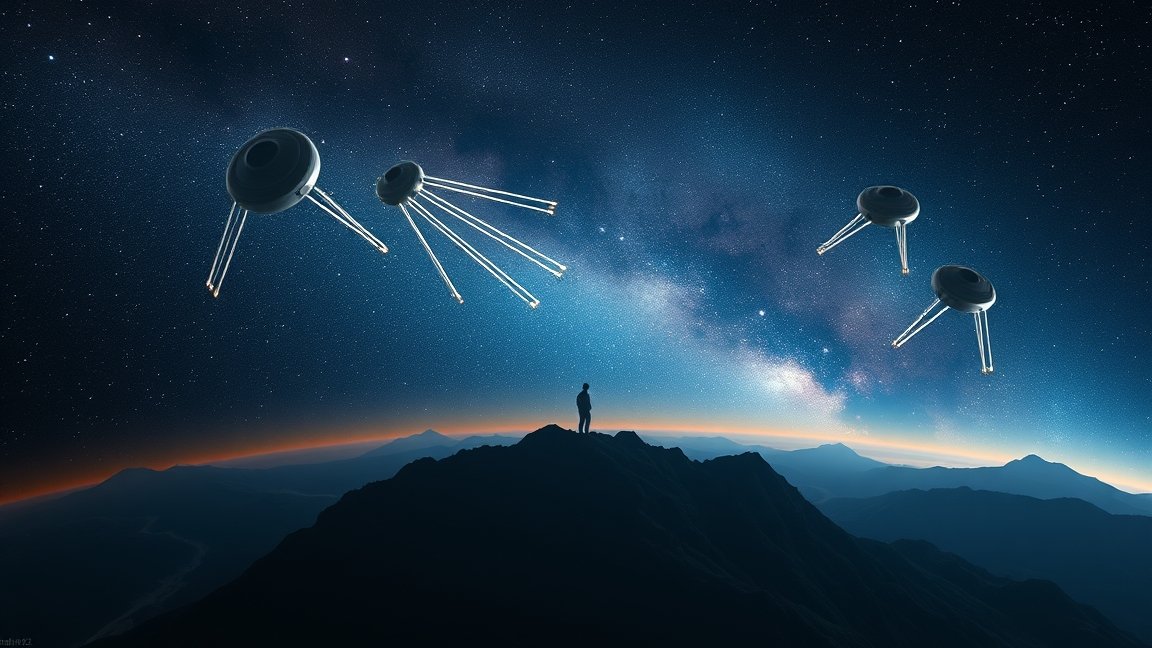 Egy ember a hegytetőn, felette űrhajók lebegnek az univerzumban.