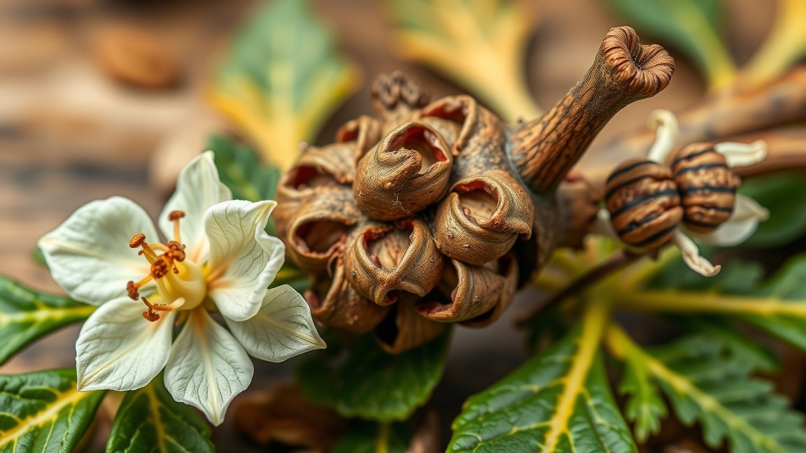 Tárnicsgyökér virág és termése természetesen környezetben.