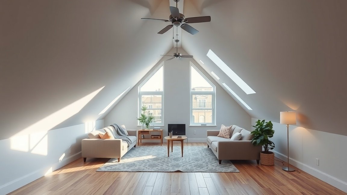 Modern tetőtéri lakás világos nappalival és természetes fény