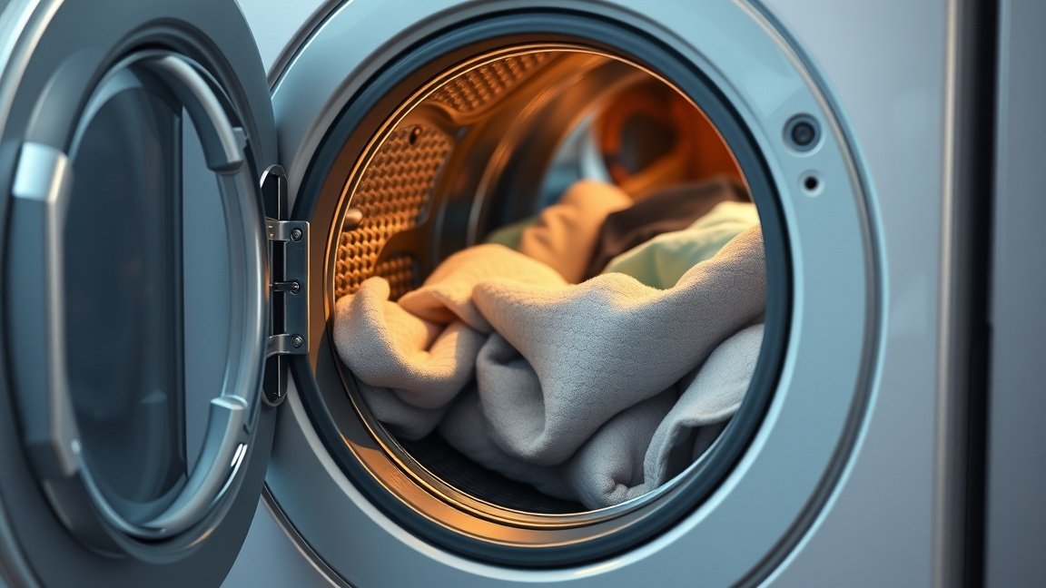 Tisztára mosott ruhák a mosógép belsejében.