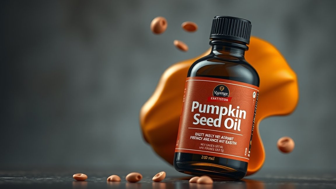 Tökmagolaj üvegpalack, körülötte tökmagok láthatók.