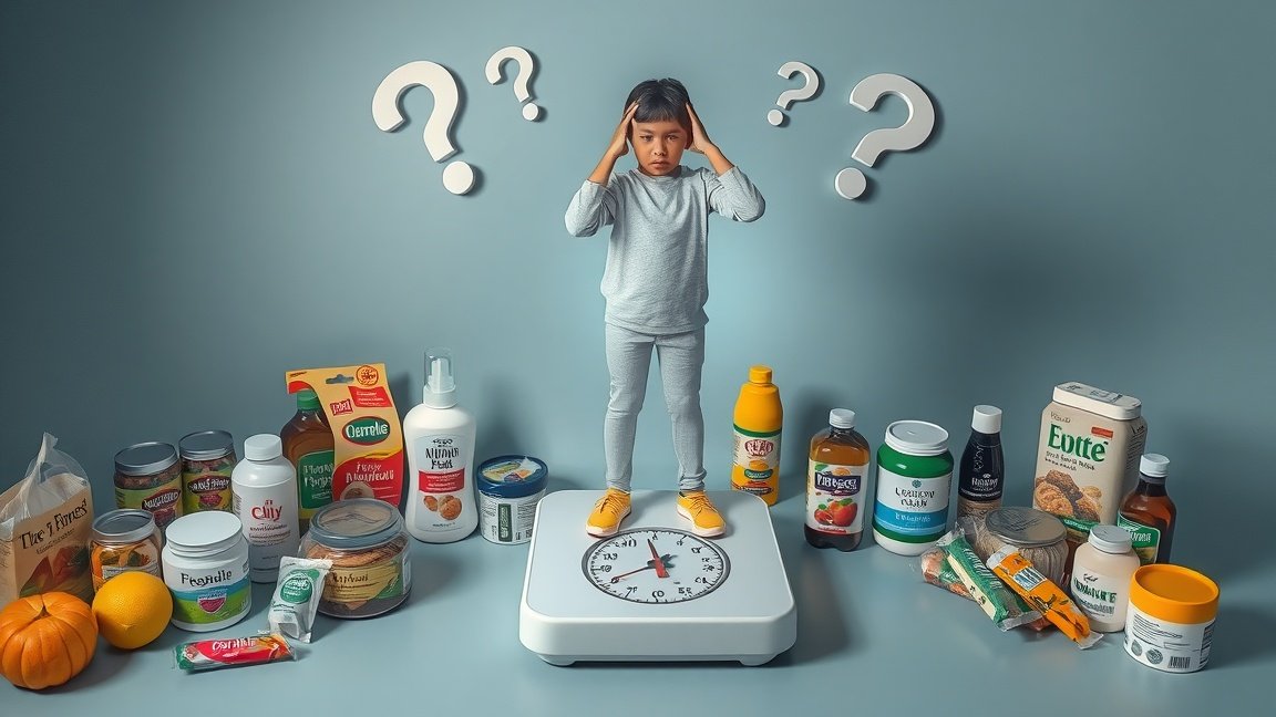 Gyermek a mérlegen, körülötte kérdőjelek és élelmiszerek, a gyors fogyás dilemmája.