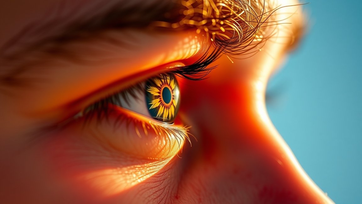 Közeli kép egy szemről, virág motívummal a pupillában.