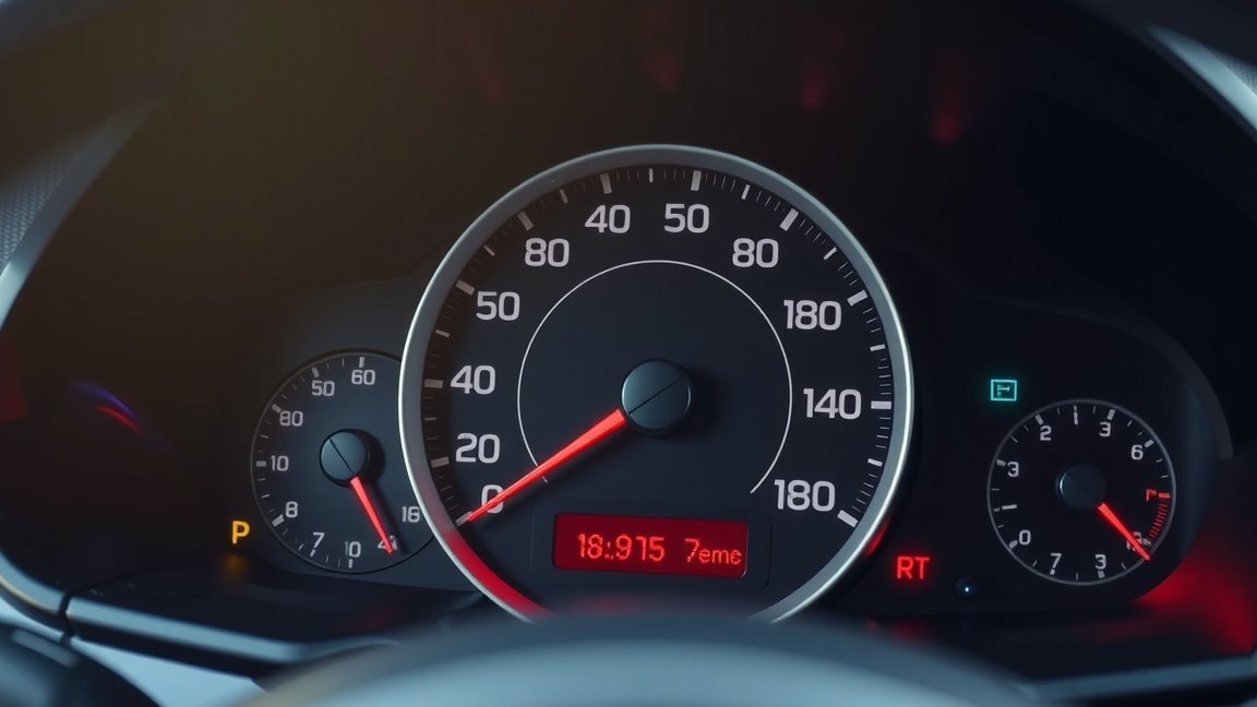 Üzemanyagszint-mérő az autó műszerfalán, üzemanyag mennyiséget jelző mutatóval.