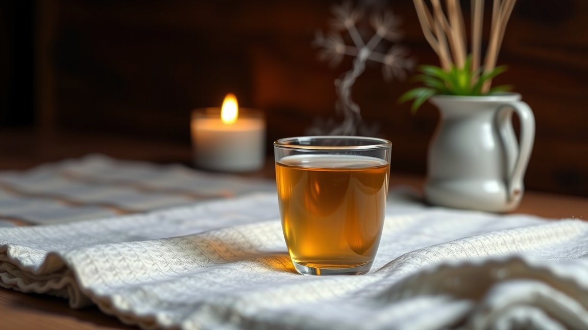 Meleg vadkender tea egy pohárban, háttérben gyertya és növény.