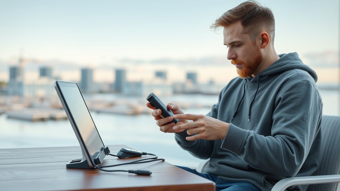 Fiatal férfi Varta elemtöltőt használ egy laptop mellett a szabadban.