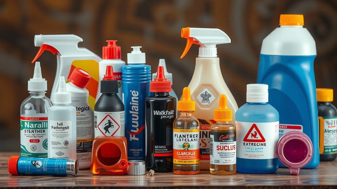 Különböző síkosítók és vegyszerek csoportosítva