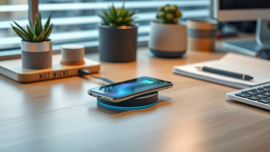 Vezeték nélküli töltő és okostelefon egy asztalon, zöld növényekkel.