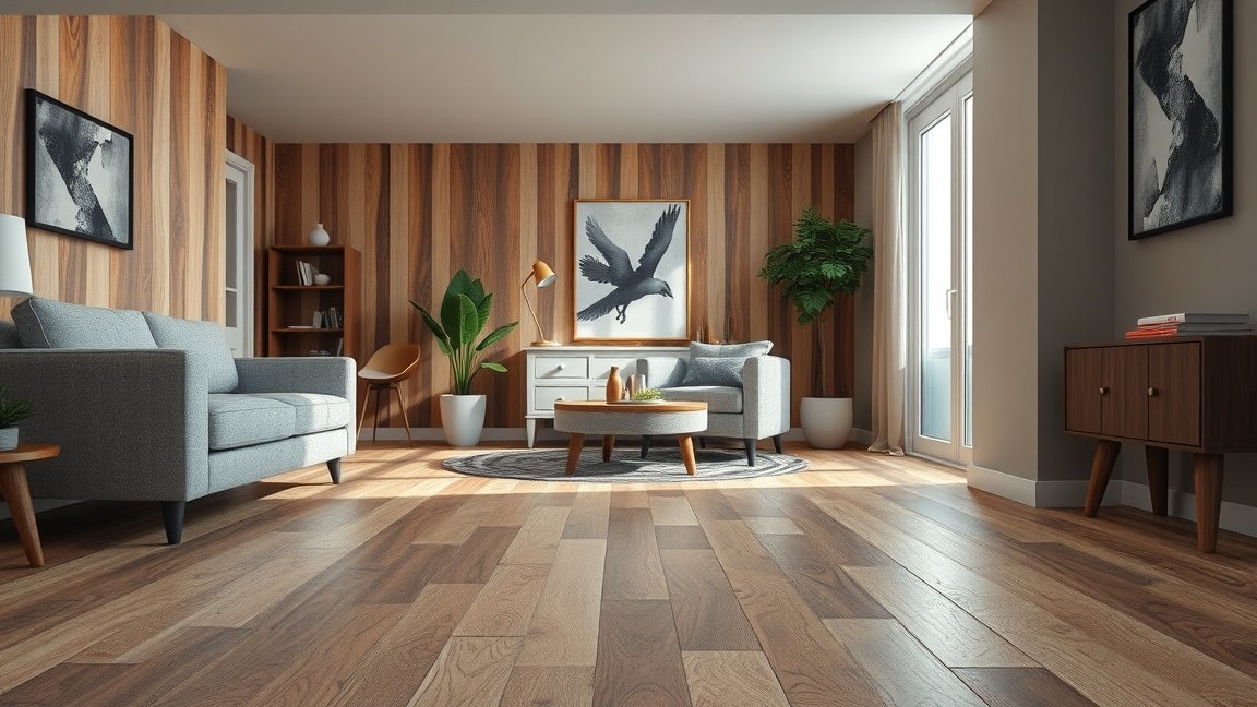 Modern nappali vinyl padlóval és stílusos bútorokkal