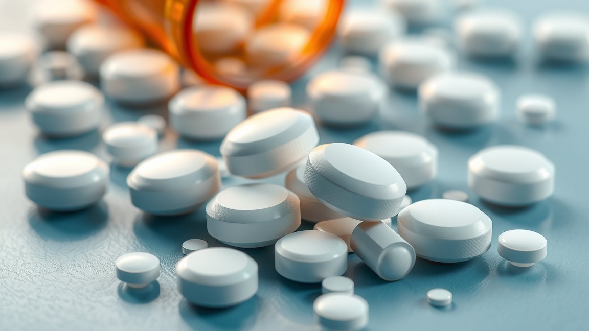 Fehér tabletták egy gyógyszeres üveg mellett, egészségügyi téma.