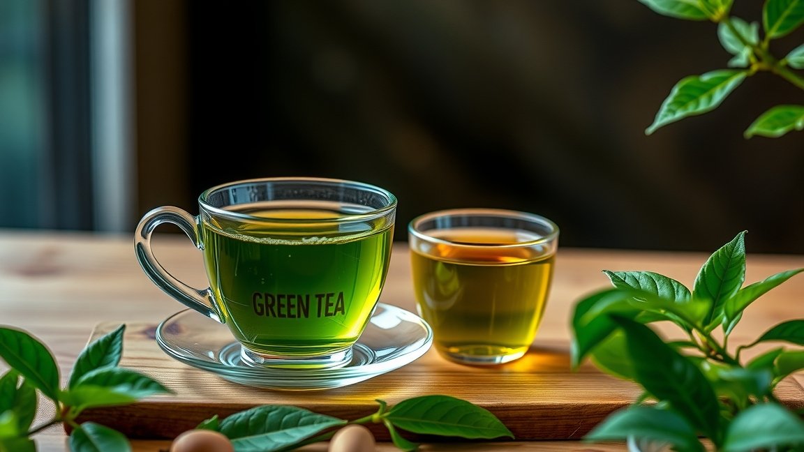 Zöld tea csészék friss levelekkel, antioxidánsokkal gazdagítva