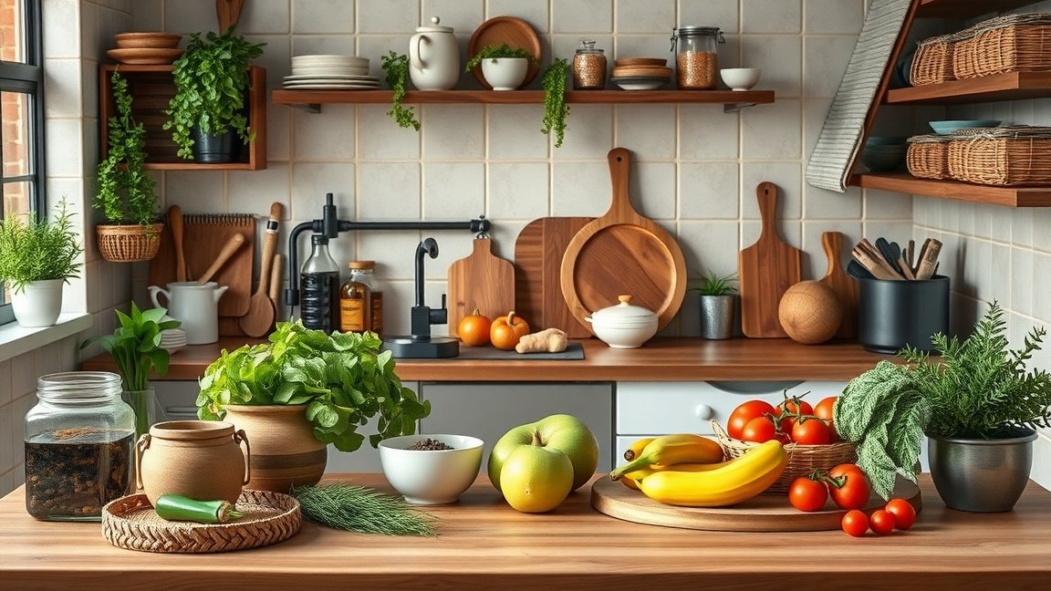 Friss zöldségek és gyümölcsök a konyhai munkafelületen