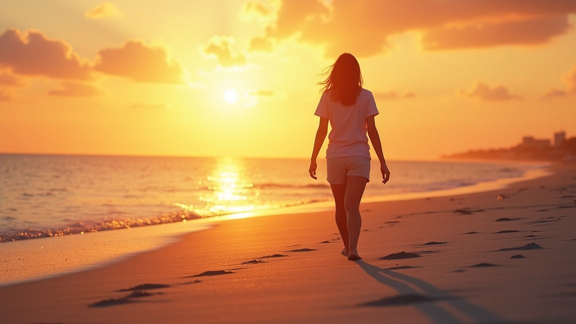 Nő sétál a tengerparton naplementében, nyári hőségben.