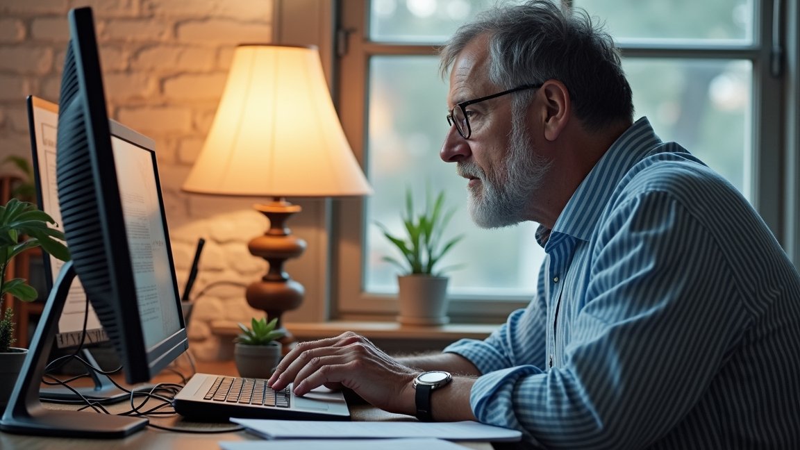 Idős férfi számítógépen dolgozik otthoni irodájában.