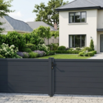 Modern kerítés és szép kert egy családi ház előtt.