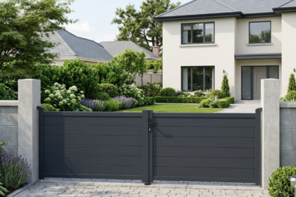 Modern kerítés és szép kert egy családi ház előtt.