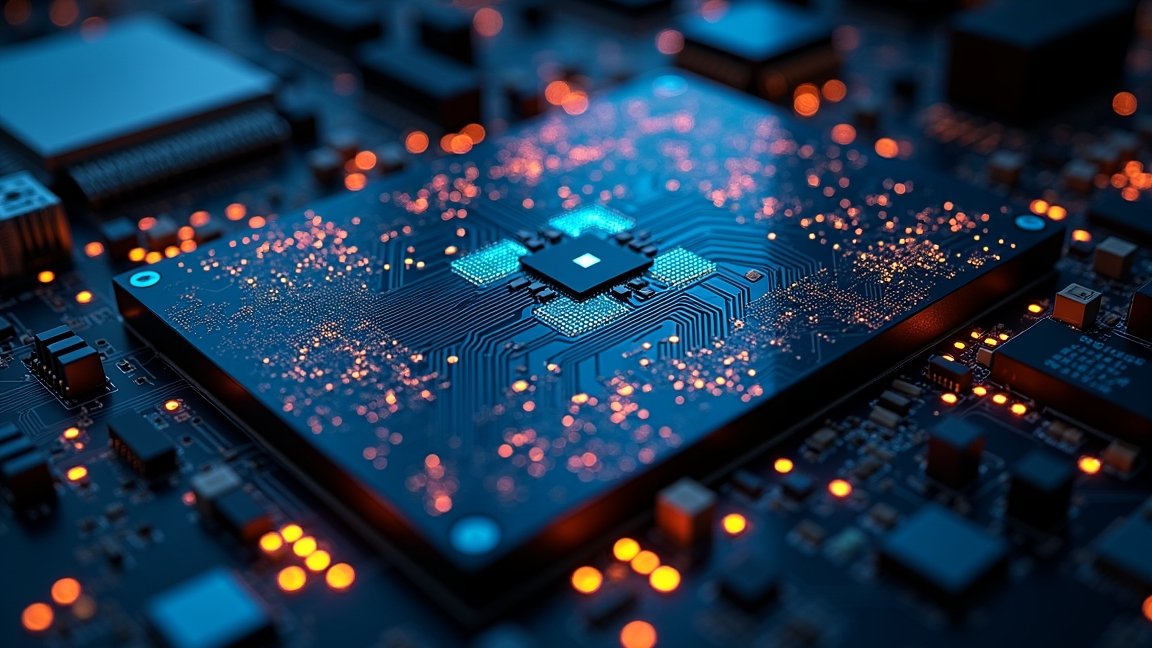 Az alaplap részletei világító elemekkel és áramköri kapcsolatokkal.