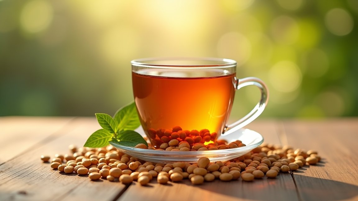 Ashwagandha tea in a glass cup on a wooden table with seeds