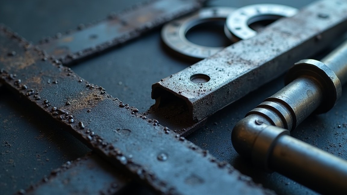 Ékszíj és ipari alkatrészek közelről, rozsdás felülettel