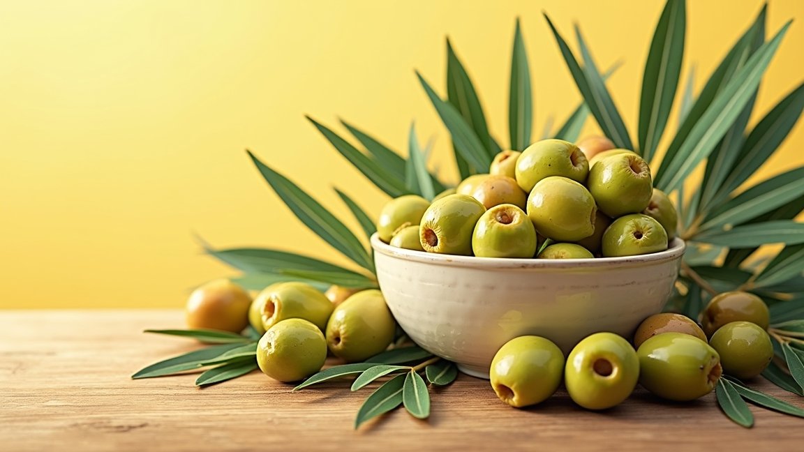 Friss olajbogyók zöld levelekkel, tálban, vidám háttérrel.