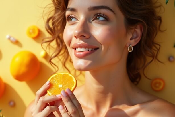 Nő E-vitaminnal és citrusfélékkel az egészséges bőrápolásért