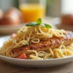 Gluténmentes spagetti sült hallal és friss zöldségekkel, egészséges étkezés.