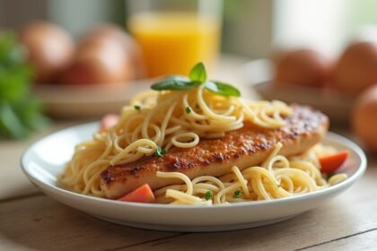 Gluténmentes spagetti sült hallal és friss zöldségekkel, egészséges étkezés.