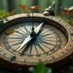 Iránytű természetben, őszi levelekkel és fűvel körülvéve.