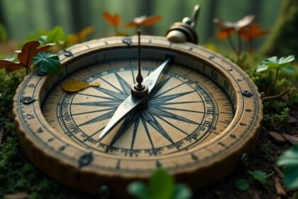 Iránytű természetben, őszi levelekkel és fűvel körülvéve.