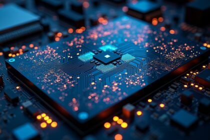 Az alaplap részletei világító elemekkel és áramköri kapcsolatokkal.