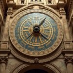 A prágai orloj csillagászati óra részlete, arany és kék színekben.