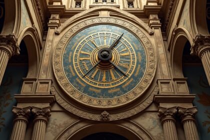 A prágai orloj csillagászati óra részlete, arany és kék színekben.