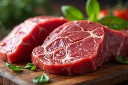 Friss marhamáj szeletek zöld fűszerekkel és paradicsommal.